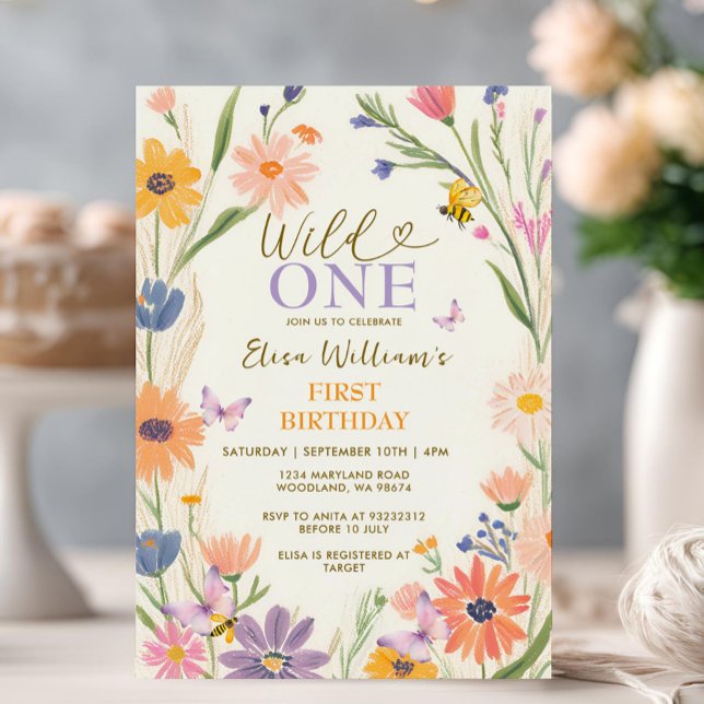 Bee Wildflower Wild ONE Butterfly Garden Party  Invitation (Creator Uploaded)