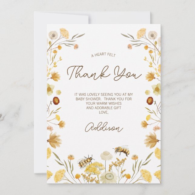 Bee Wildflowers Baby Shower Thank You Card (Front)