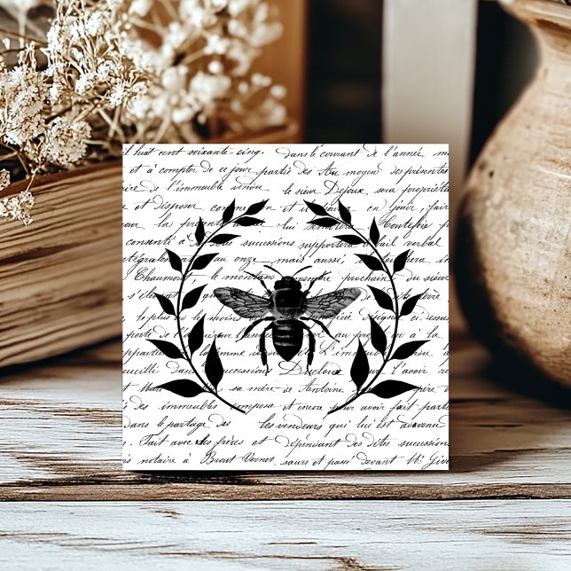Bee with Laurel Wreath and French Handwriting Ceramic Tile (Creator Uploaded)