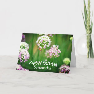 Bee with Purple Allium Garden Flowers Birthday Card