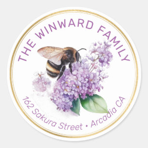 Bee with Purple Lilac Blooms Address Classic Round Sticker