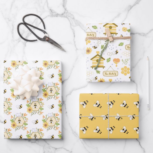 Bee Wrapping Paper, Honeybee Gift Wrap, Floral Bee Paper Sheet (Front)