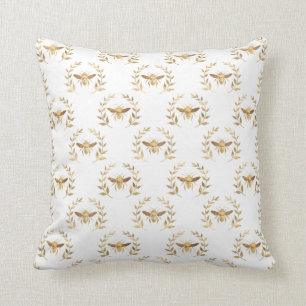 Bee wreath gold white fabric illustration cushion