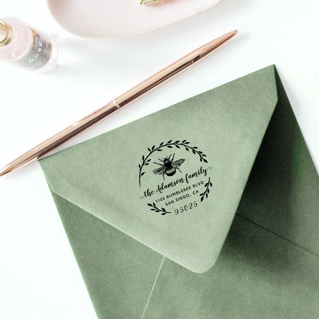 Bee & Wreath | Rustic Script Family Name Address Rubber Stamp (Creator Uploaded)