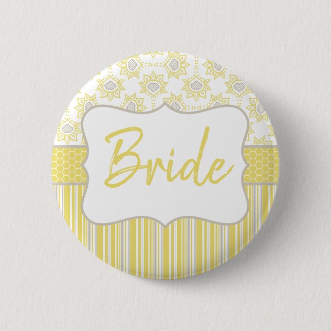 Bee Yellow and Grey Geometric Bride 6 Cm Round Badge (Front)