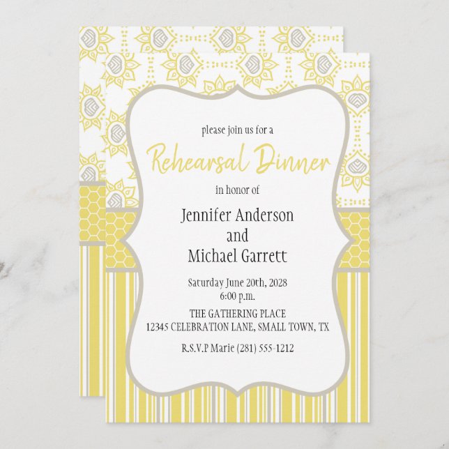 Bee Yellow and Grey Geometric Rehearsal Dinner Invitation (Front/Back)