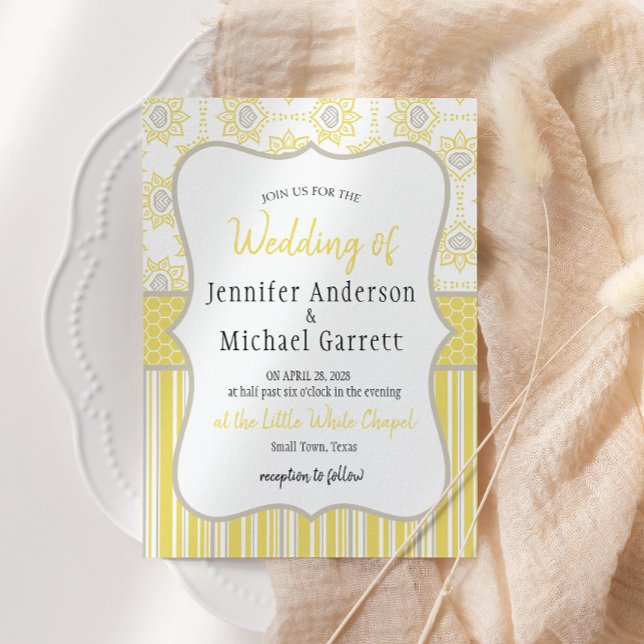 Bee Yellow and Grey Geometric Wedding Invitation (Creator Uploaded)