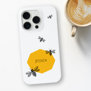 Bee Yellow Custom Name Modern Honeycomb Summer iPhone 15 Pro Case