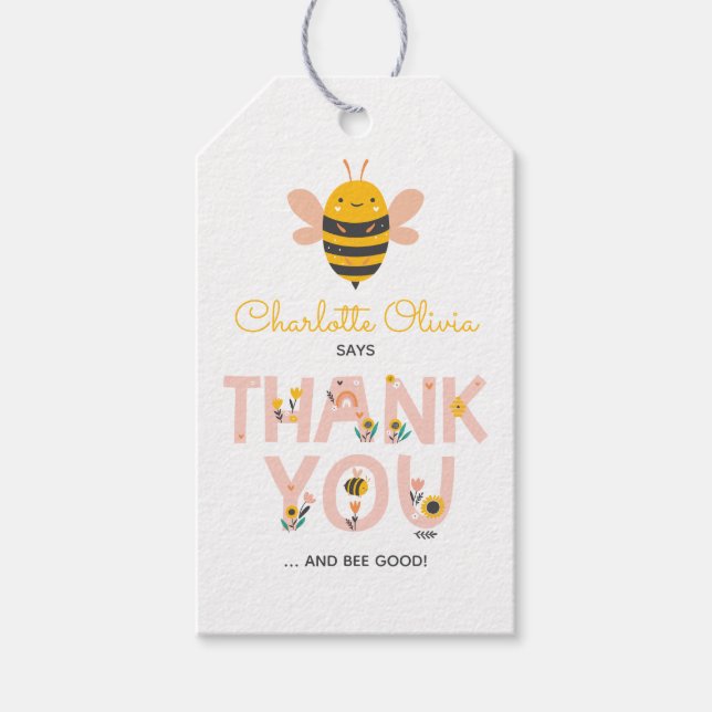 Bee Yellow & Pink Baby's 1st Birthday Favour Tag (Front)