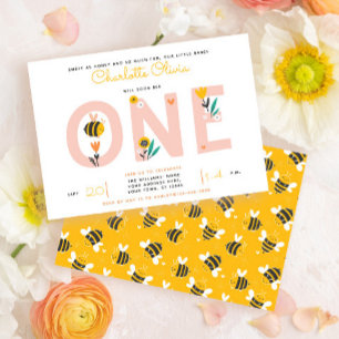 Bee Yellow & Pink Floral ONE Baby's 1st Birthday Invitation