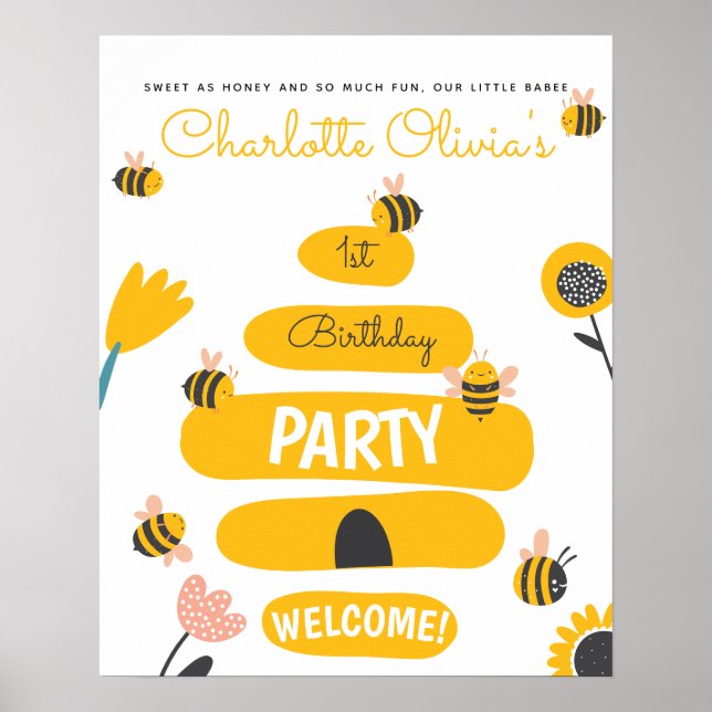 Bee Yellow & Pink Floral ONE Baby's 1st Birthday Poster (Front)