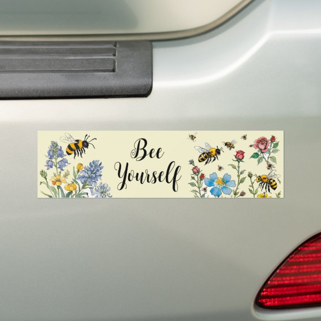 "Bee Yourself" Bees and Wildflowers Pale Yellow Bumper Sticker (On Car)