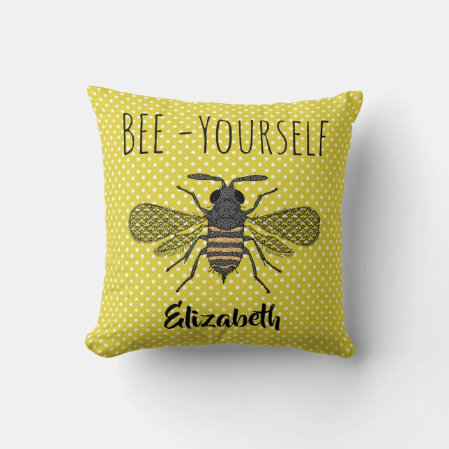 BEE Yourself Trendy Yellow Polkadots Pattern NAMED Cushion (Front)