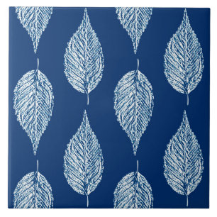 Beech Leaf Chalk Print, Cobalt Blue and White Ceramic Tile