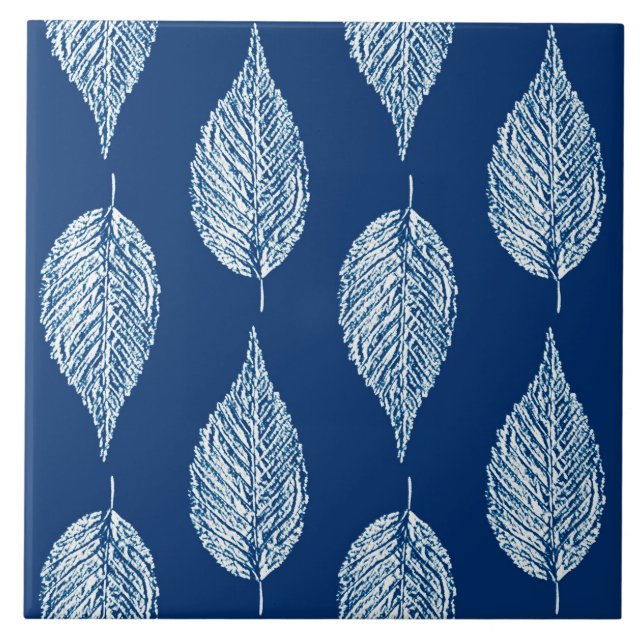 Beech Leaf Chalk Print, Cobalt Blue and White Ceramic Tile (Front)