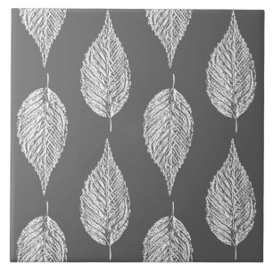 Beech Leaf Chalk Print, Grey / Grey and White Ceramic Tile