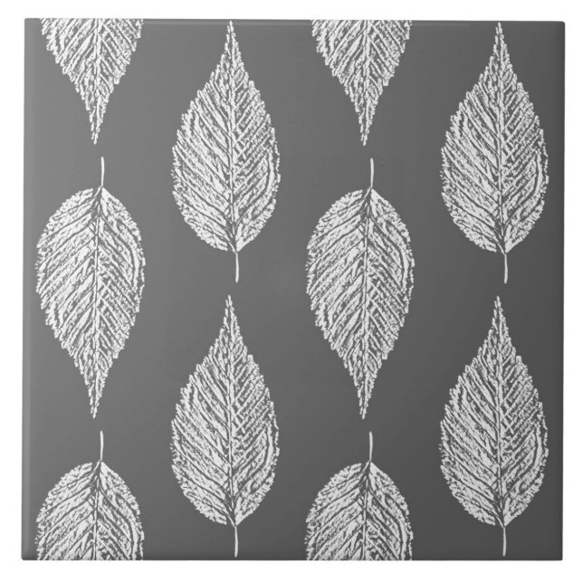 Beech Leaf Chalk Print, Grey / Grey and White Ceramic Tile (Front)