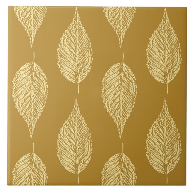 Beech Leaf Chalk Print, Mustard Yellow / Gold Ceramic Tile (Front)