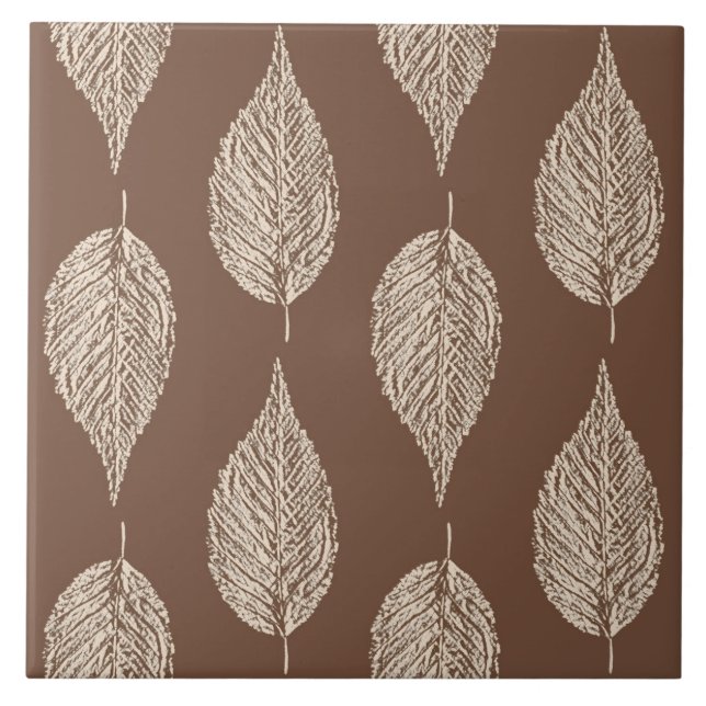 Beech Leaf Chalk Print, Taupe Tan and Cream Ceramic Tile (Front)