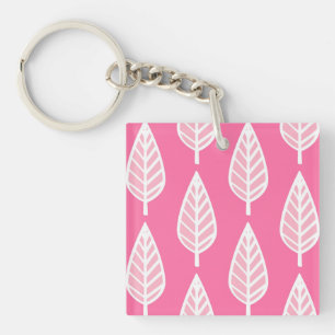 Beech leaf pattern - Florescent pink and white Key Ring