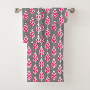 Beech Leaf Pattern, Fuchsia Pink and Grey Bath Towel Set