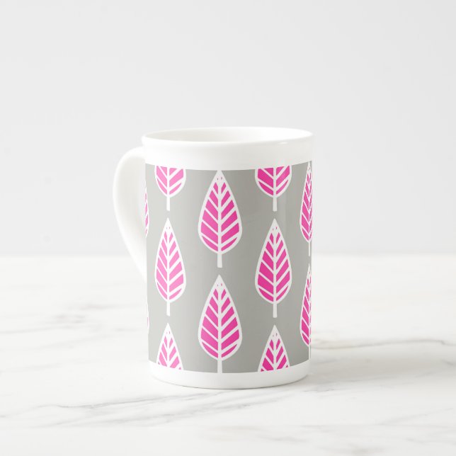 Beech leaf pattern - Fuchsia pink and silver Bone China Mug (Front Left)