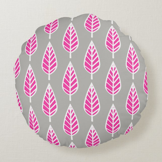 Beech leaf pattern - Fuchsia pink and silver Round Cushion (Back)