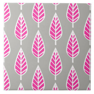 Beech leaf pattern - Fuchsia pink and silver Tile