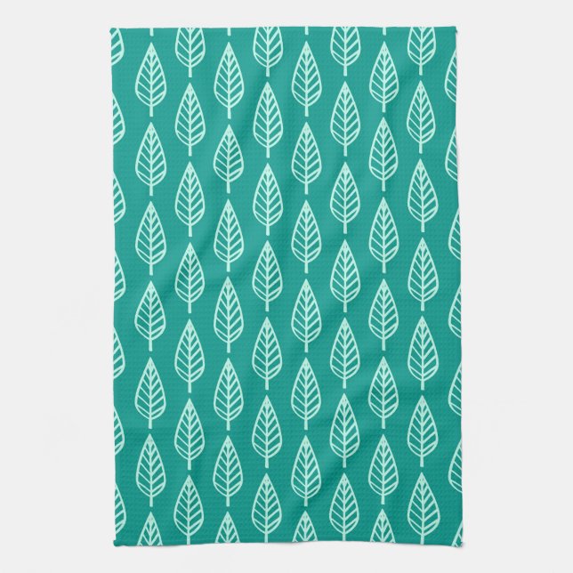 Beech leaf pattern - Peacock and aqua Tea Towel (Vertical)