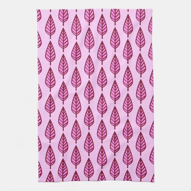 Beech leaf pattern - pink and burgundy tea towel (Vertical)