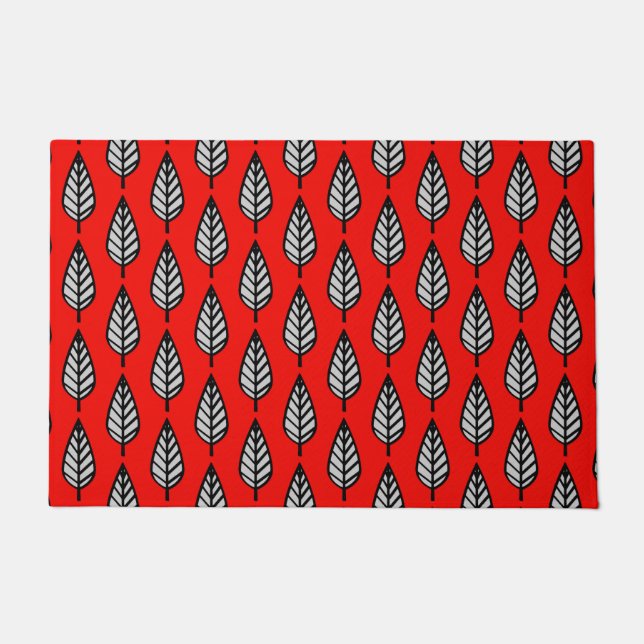 Beech Leaf Pattern, Red, Black and Grey / Grey Doormat (Front)