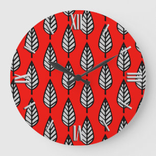Beech leaf pattern - Red, black and grey / grey Large Clock