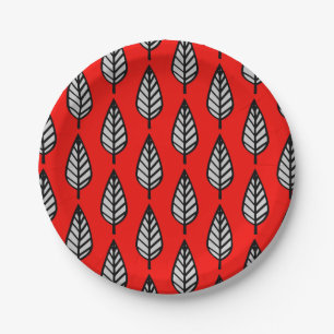 Beech leaf pattern - Red, black and grey / grey Paper Plate