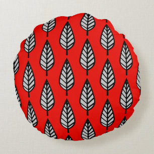 Beech leaf pattern - Red, black and grey / grey Round Cushion