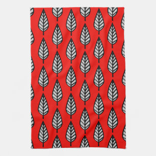 Beech leaf pattern - Red, black and grey / grey Tea Towel