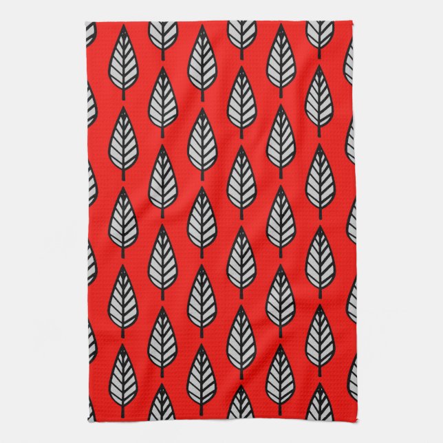 Beech leaf pattern - Red, black and grey / grey Tea Towel (Vertical)