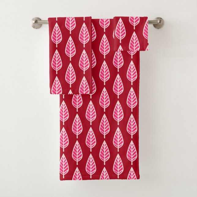 Beech Leaf Pattern, Ruby red and cream Bath Towel Set (Insitu)