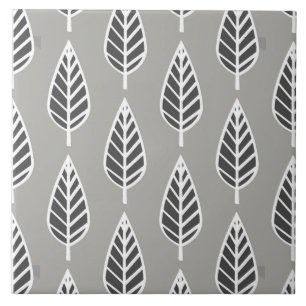 Beech Leaf Pattern, Silver Grey, Graphite & White Ceramic Tile