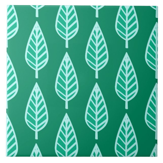 Beech Leaf Pattern, Turquoise and Aqua  Ceramic Tile (Front)