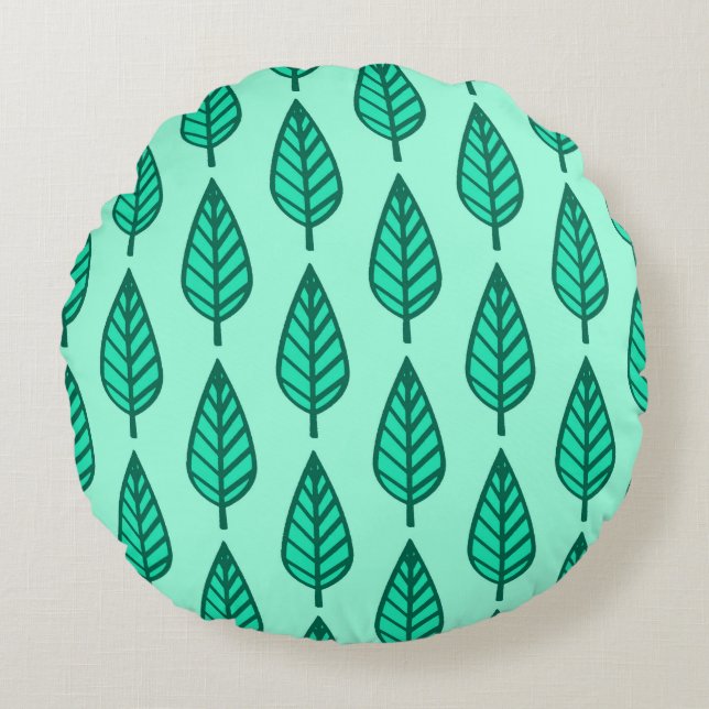 Beech leaf pattern - Turquoise and aqua Round Cushion (Front)