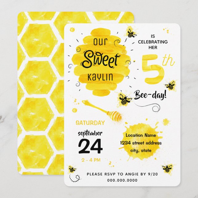 BEEday Honey Bee Yellow Fifth 5th Birthday Party Invitation (Front/Back)