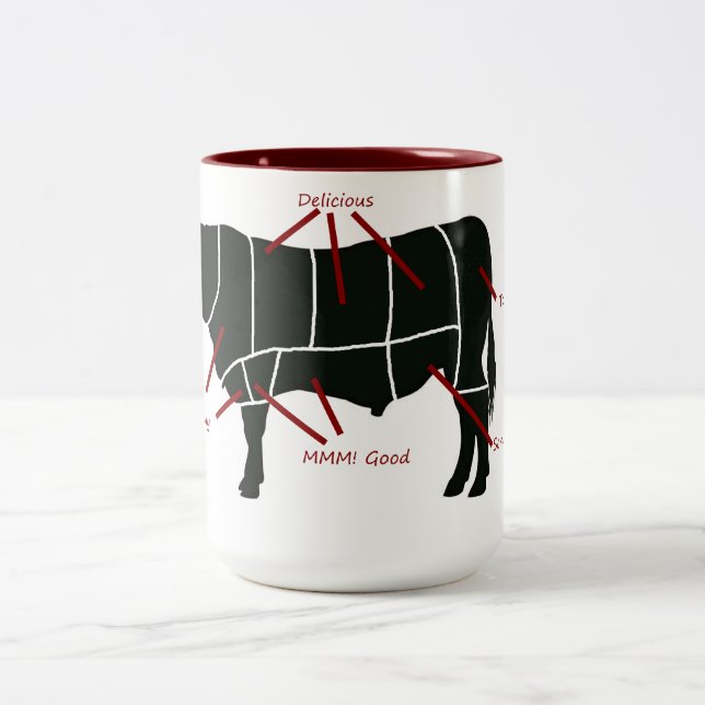 Beef Butcher Chart - Tasty Delicious Yummy Beef! Two-Tone Coffee Mug (Center)
