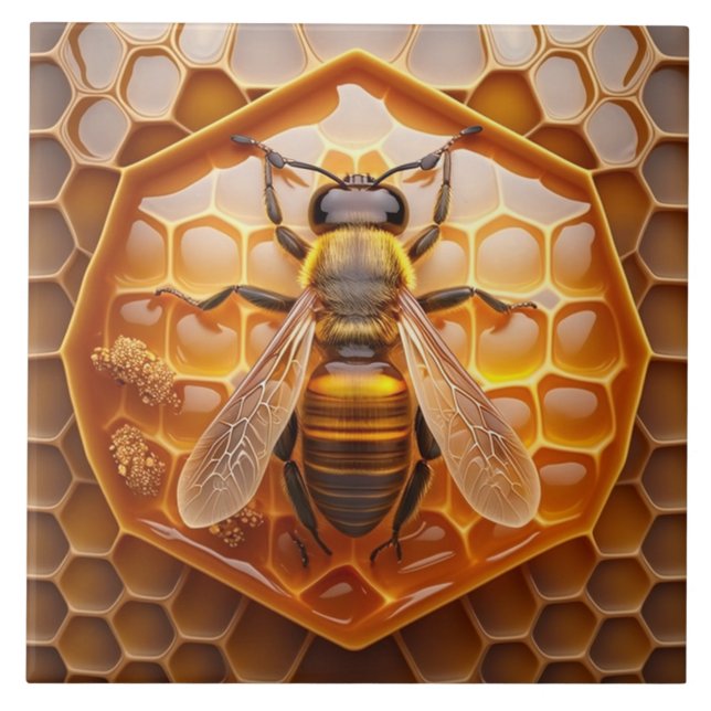 Beehive and Bee Ceramic Tile, Amber Colour Tile (Front)