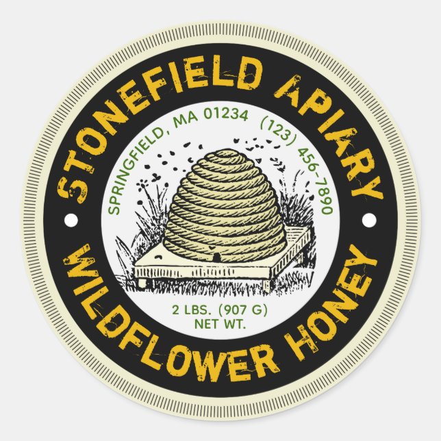 Beehive Apiary Name Wildflower Honey Jar Stickers (Front)