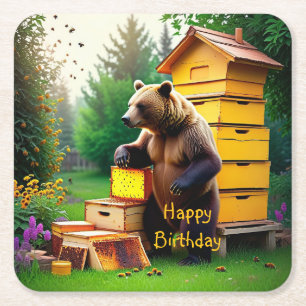 Beehive Bear Square Paper Coaster