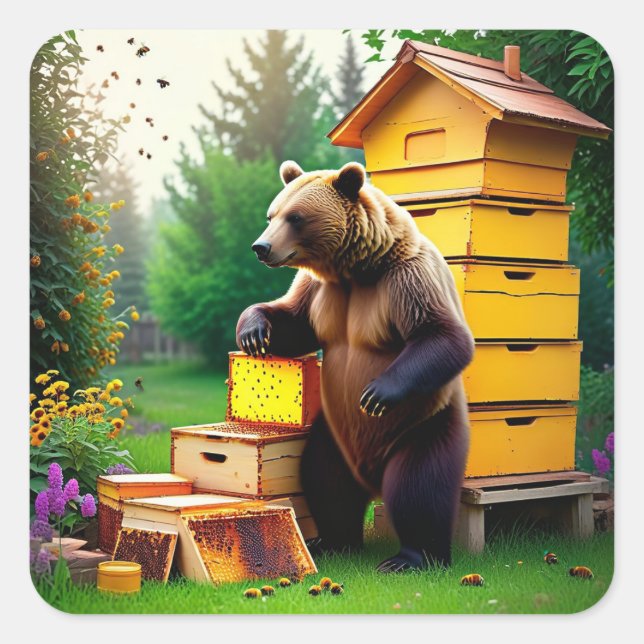 Beehive Bear Square Sticker (Front)