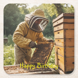 Beekeeper and Behive Square Paper Coaster