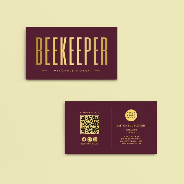 Beekeeper Elegant Minimalist QR Code Logo Burgundy Business Card (Creator Uploaded)