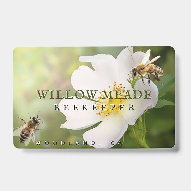 BEEKEEPER ID Badge with Rose Flower and Bees (Front)