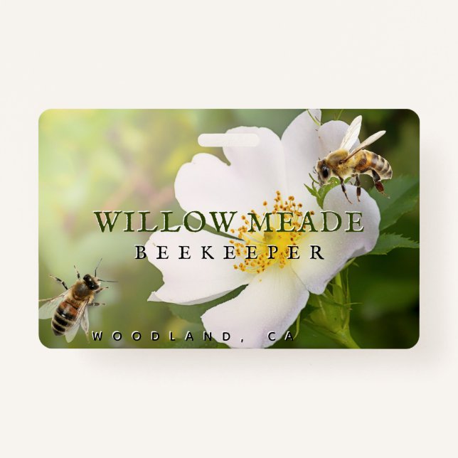 BEEKEEPER ID Badge with Rose Flower and Bees (Front)